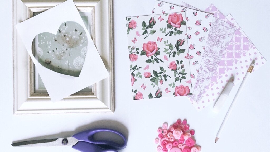 Materials to make 3D Pink Heart Prints Made From Sewing Buttons