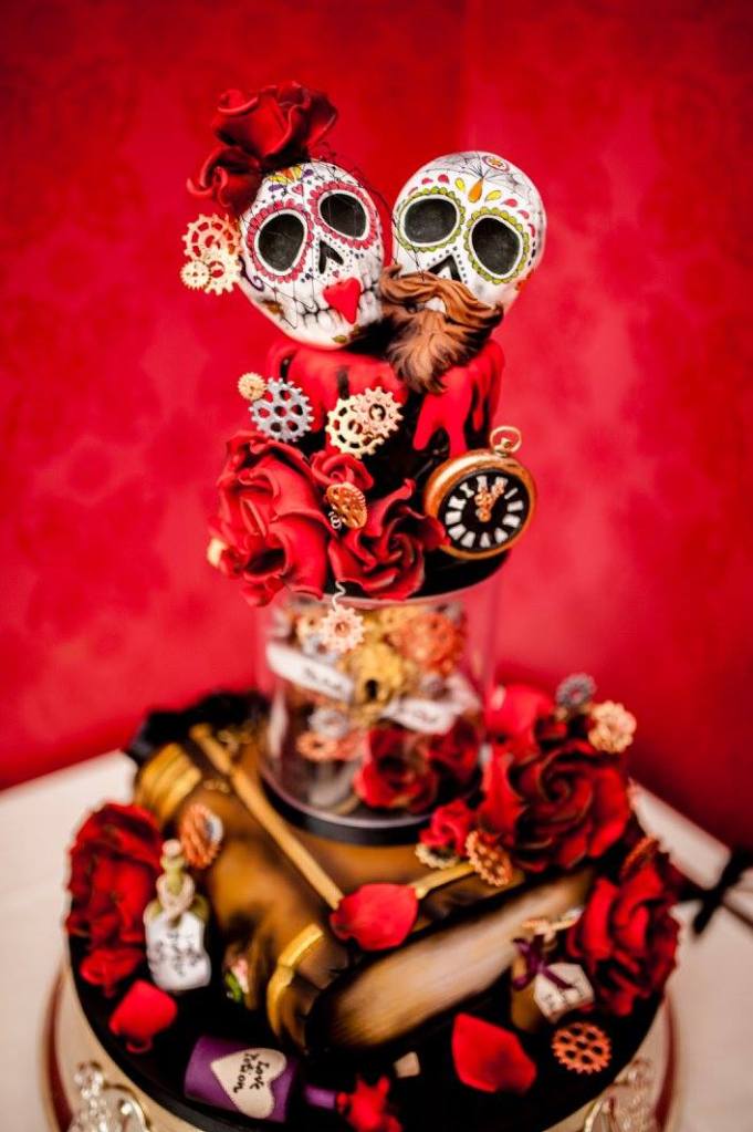 Halloween Rockabilly Themed Wedding - wedding Cake with Skull Heads