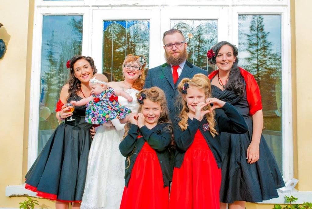 Halloween Rockabilly Themed Wedding - Bridal Party Wearing Red and Black