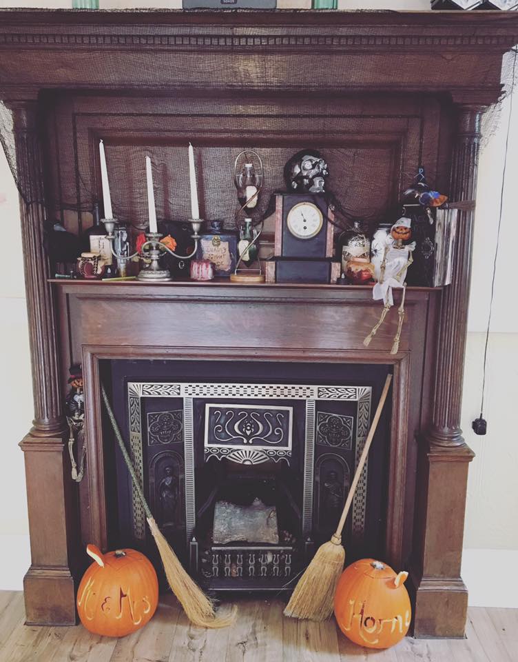 Halloween Themed Wedding - Fireplace Props, Candles, Broom Sticks and Pumpkins