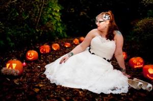 Halloween Rockabilly Themed Wedding - Bride Sitting with Pumpkins