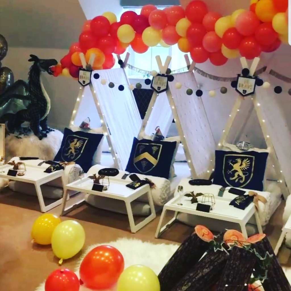 Celebrity Robbie Williams (Charlie's 5th Birthday) Sleepover Teepee Party - Dragon with Balloon Garland