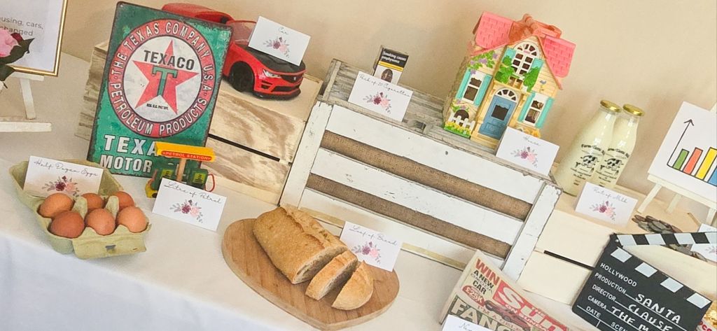 Full Price is Right game setup with labelled props on crates