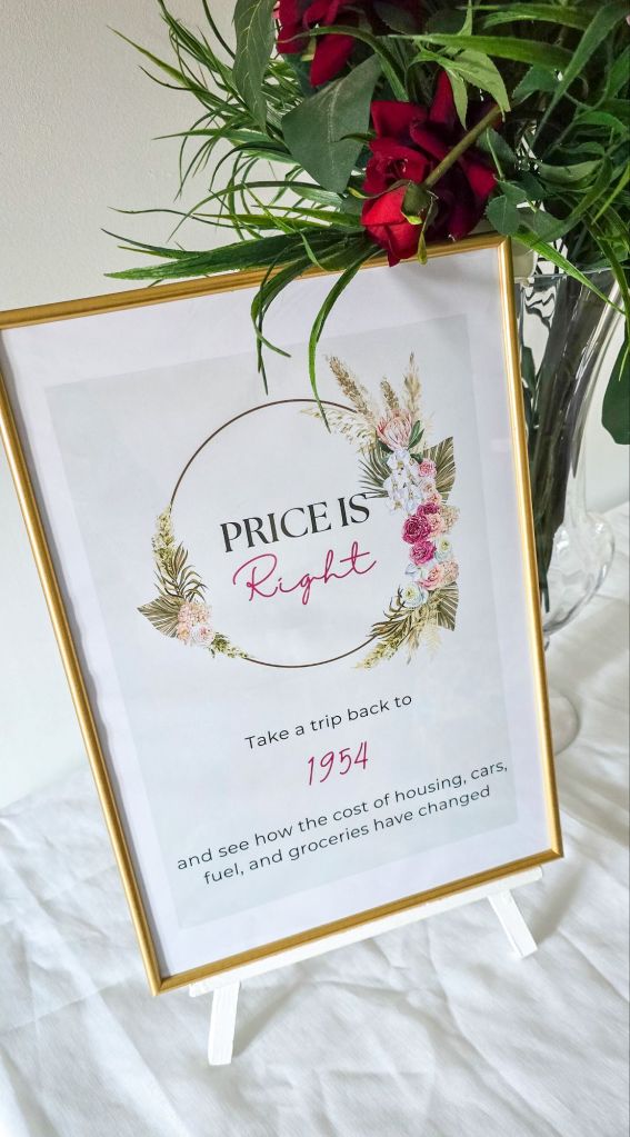 Price is Right framed sign with floral vase beside it