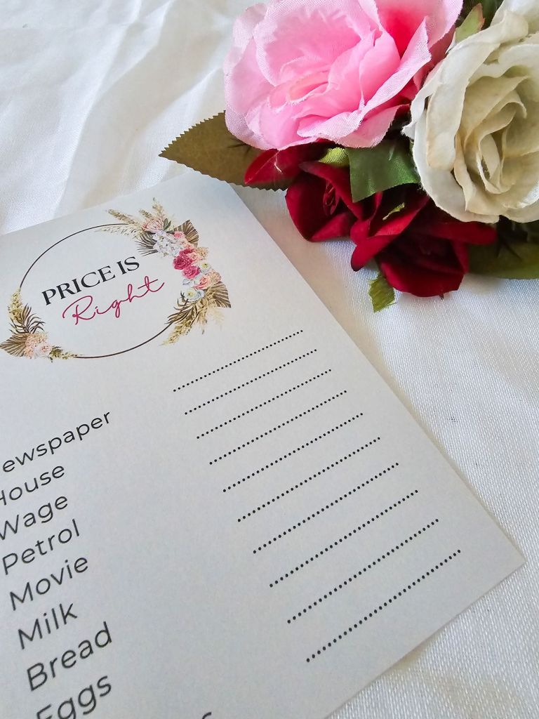 Price is Right answer sheet with floral accents and item list