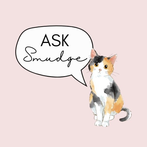 Soft pink logo-style image featuring a watercolour calico cat with white, black, and ginger markings, positioned on the right. A speech bubble on the left contains the words “ASK Smudge” in bold uppercase and script font.