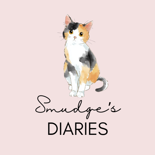 Soft pink logo-style image featuring a watercolour calico cat with white, black, and ginger markings. Below the cat, the words “Smudge’s” in black script font and “DIARIES” in uppercase letters.